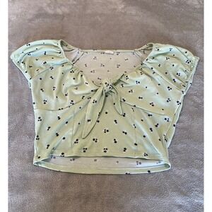Cotton On Womens Sage Green Floral Tie Front Crop Top Short Puff Sleeve Size L